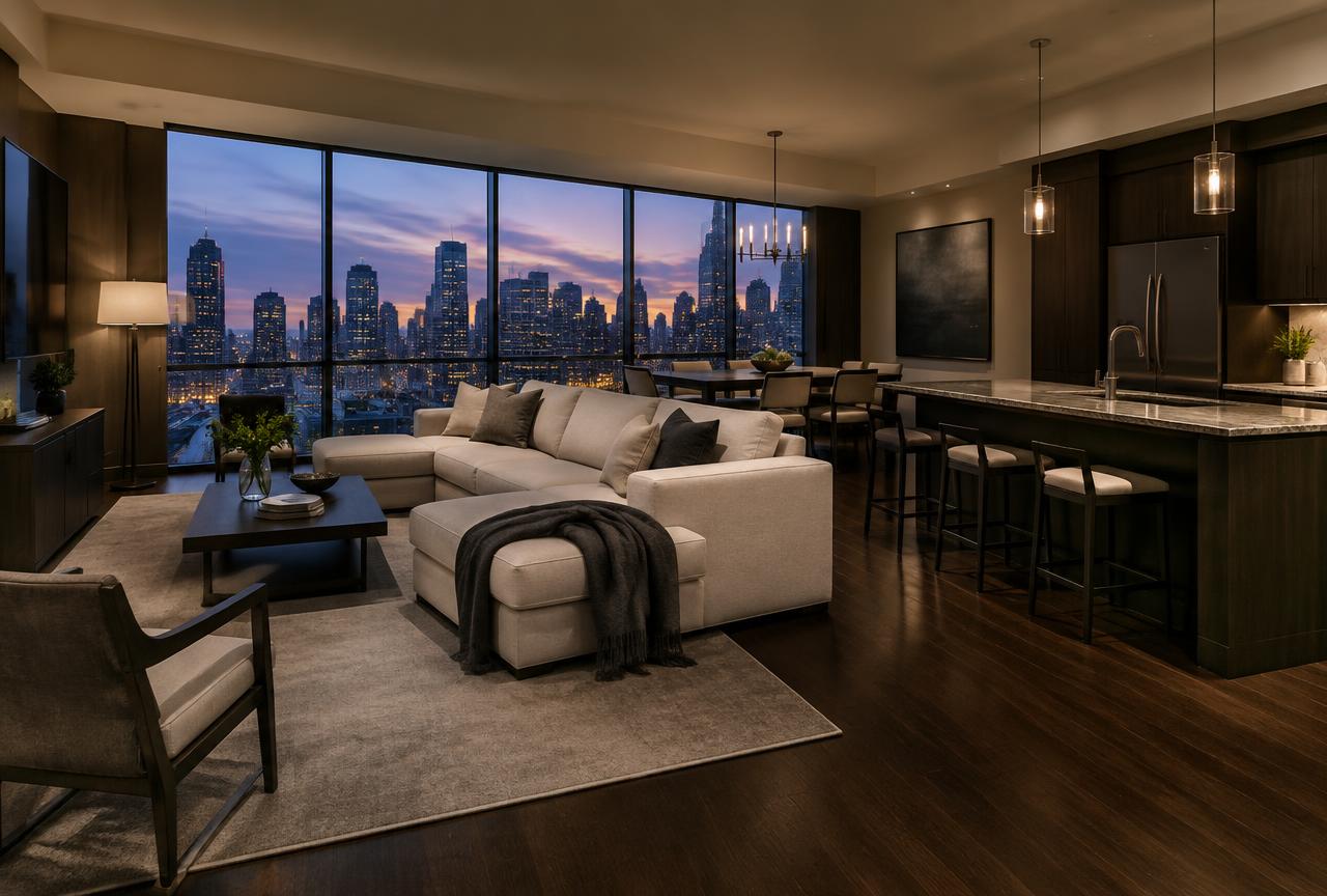 Modern urban condo with city skyline windows